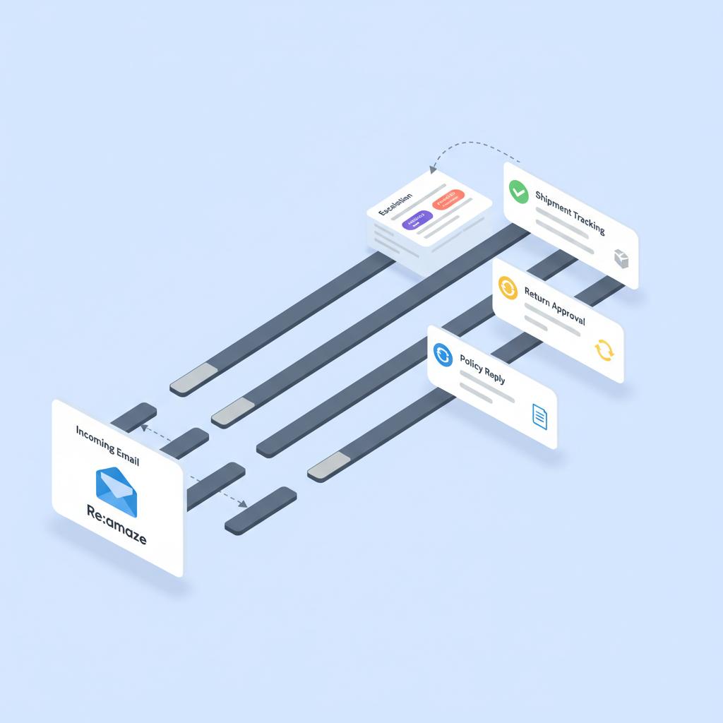 Alhena AI automatically handling Re:amaze chat, email, and social DM tickets across all channels